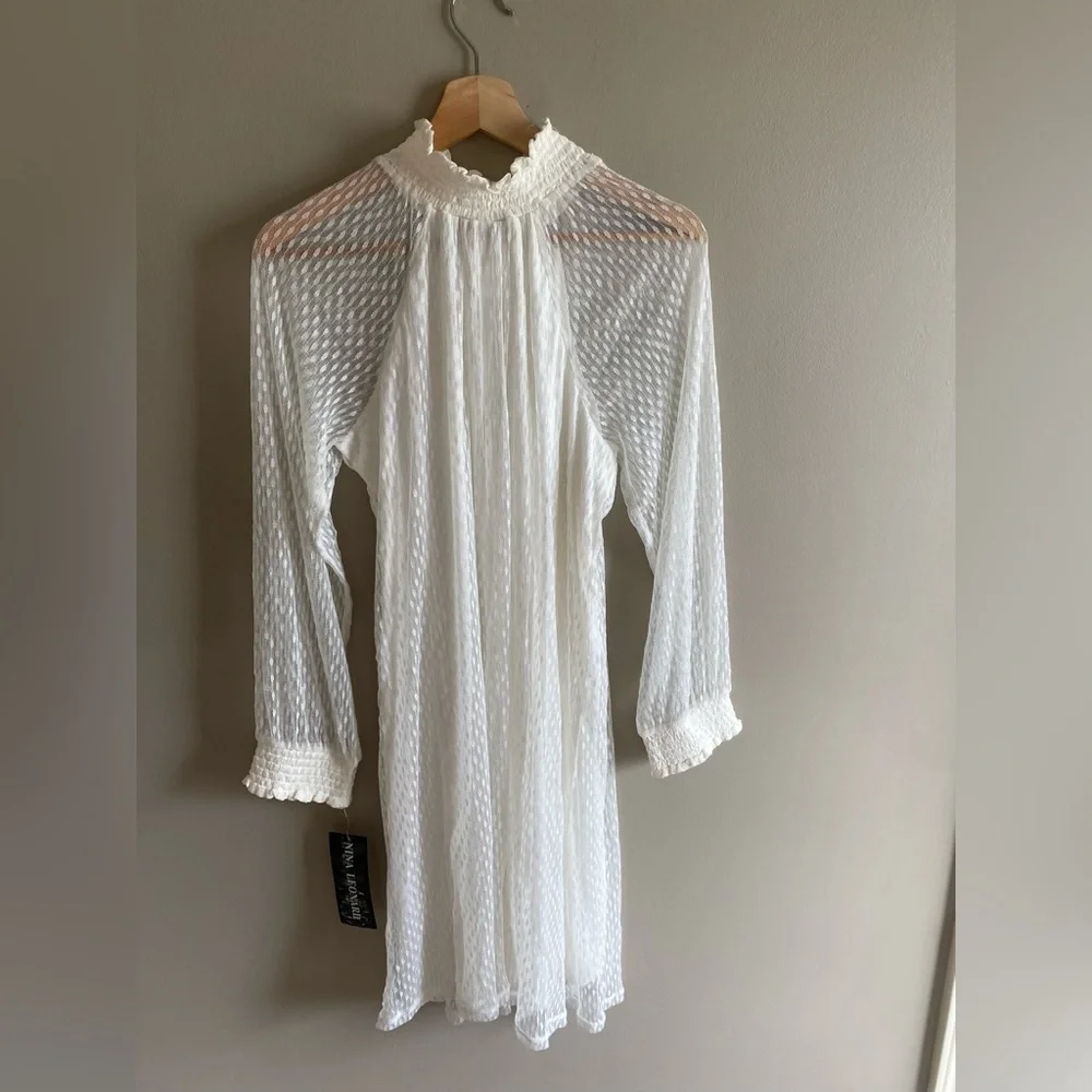 NWT Nina Leonard Dress L Sheer Mock Neck Long Sleeve Dotted‎ Overlay In Ivory - Picture 2 of 10